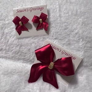 Vintage Red Bow Brooch & Earring Set With Rhinestone Accents Metal 3D